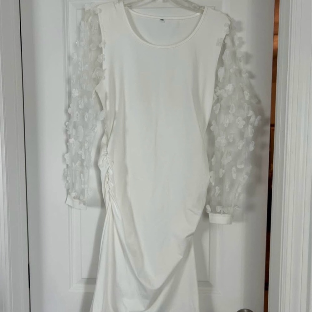 Elegant White Maternity Dress with Sheer Sleeves
